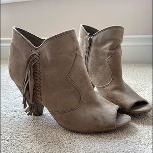 Taupe suede open toe ankle boots